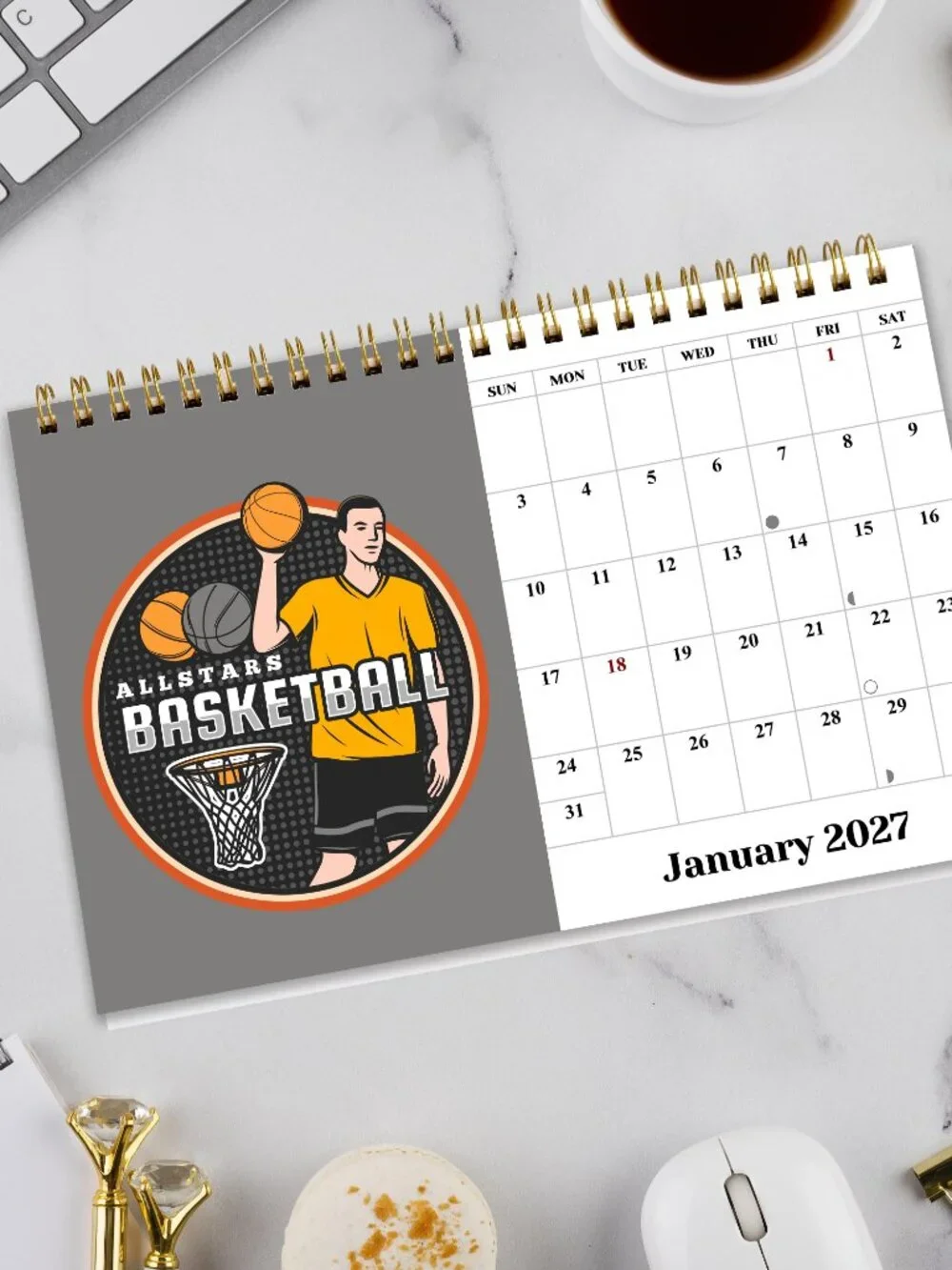 2027-12 Months Desk Calendar Desktop Planner with To-Do List (Basketball)